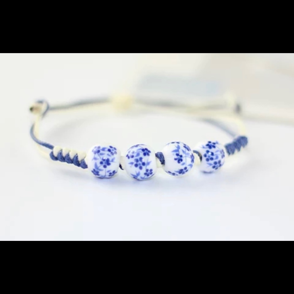 New White And Blue Ceramic Beads Adjustable